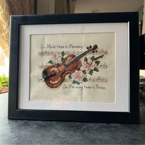 Framed Violin Cross-Stitch Art Music Fiddle Handcrafted Music Harmony Peace
